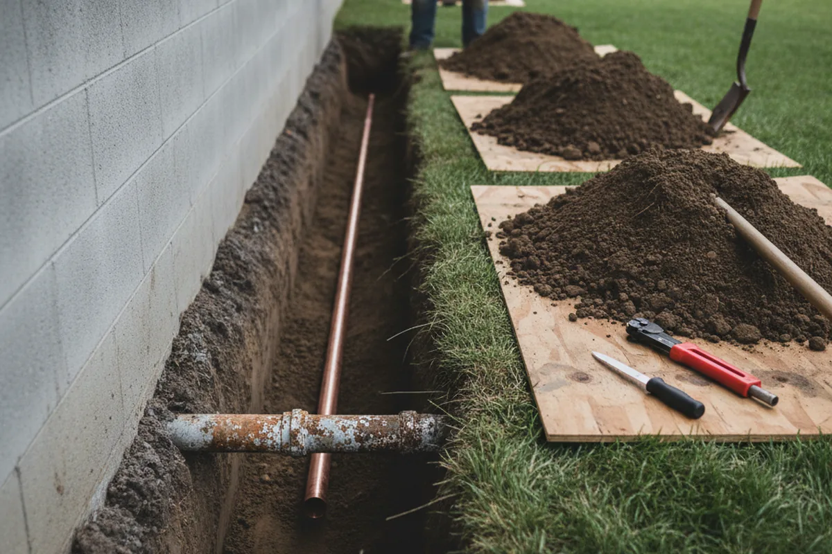 Excavated water line trench during Water Heater Repair in Goodview